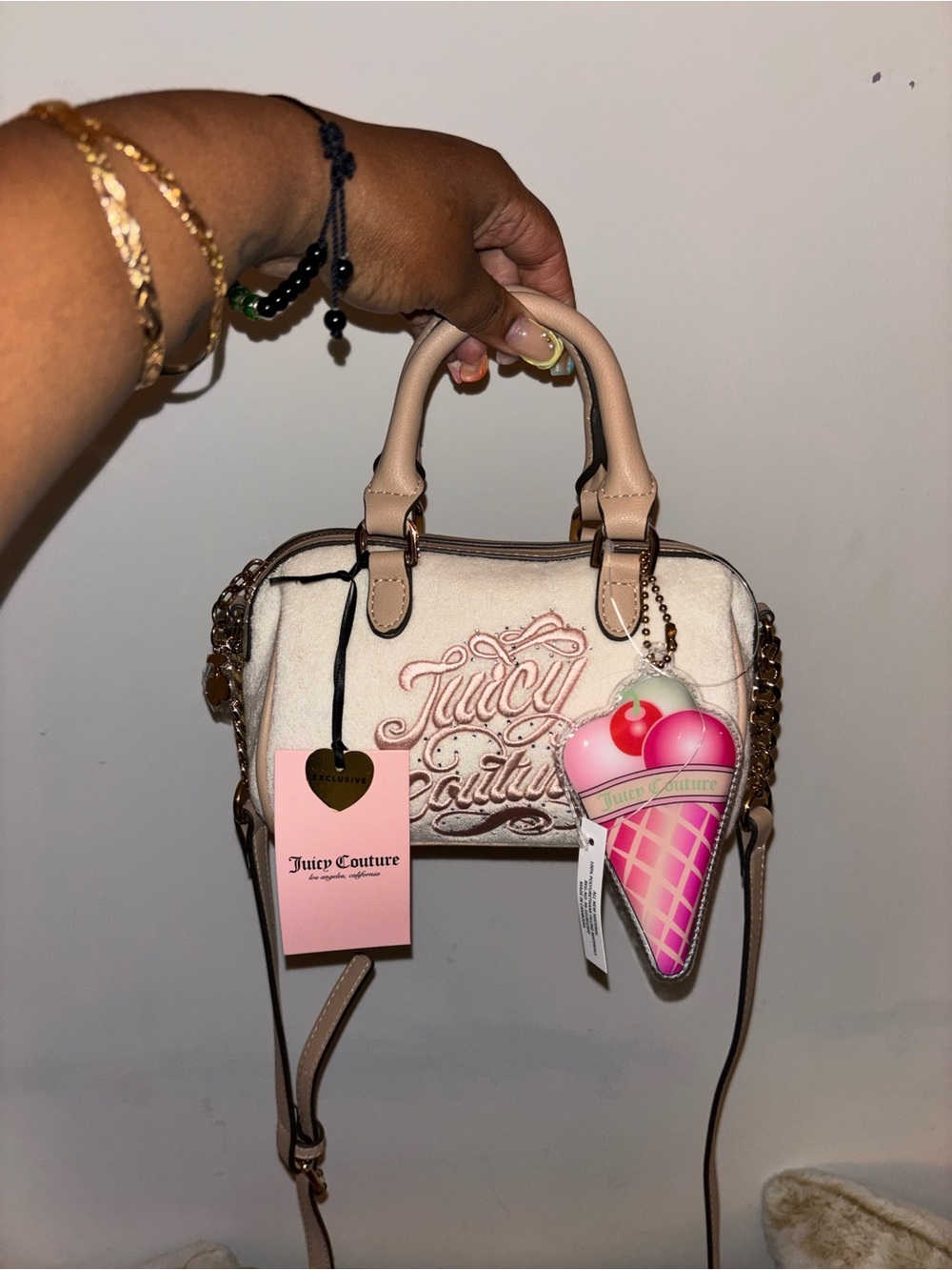 Juicy Couture Blush Pink Embroidered Mini Satchel with Ice Cream Charm